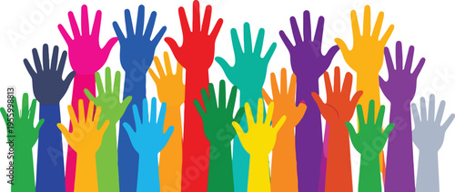 Colorful raised hands isolated on white background