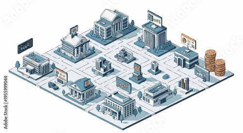 Isometric cityscape with buildings and infrastructure.
