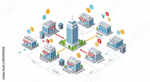 A conceptual illustration of financial transactions and connections between buildings.