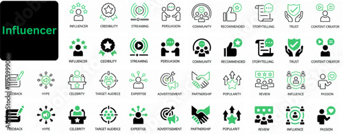 Vector of Influencer icon set on white background. Icons of media, content, podcast, blogger, live streaming, social network. Editable stroke. Vector illustration