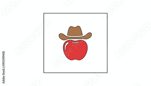 Red Apple Wearing Cowboy Hat, Funny Fruit Character, Western Style