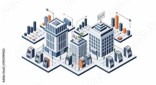Isometric cityscape with modern buildings and graphs.