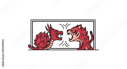 Red Dragon vs Tiger Fight Illustration, Mythical Creatures Clash, Ancient Symbolism
