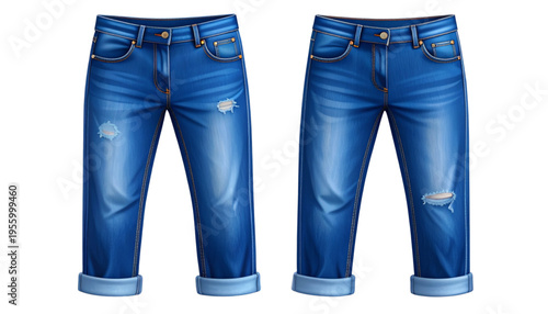 A pair of blue jeans with ripped knees on transparent background