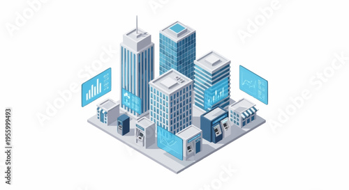 Isometric cityscape with modern buildings.