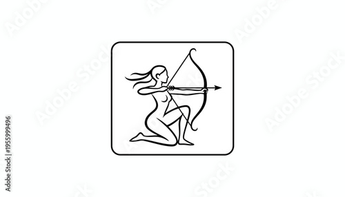 Sagittarius Zodiac Sign Icon: Archer Woman Kneeling with Bow and Arrow
