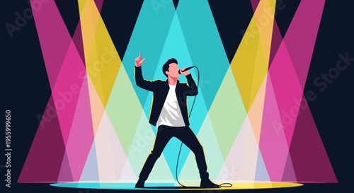 Colorful vector illustration of male singer performing on stage with microphone under vibrant spotlights, live concert music show scene