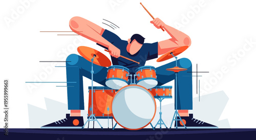 Modern vector illustration of energetic drummer playing drum set in dynamic action pose, vibrant music performance scene isolated on light background