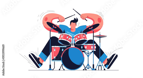 Modern vector illustration of energetic drummer playing drum set in dynamic pose, lively music performance scene isolated on light background