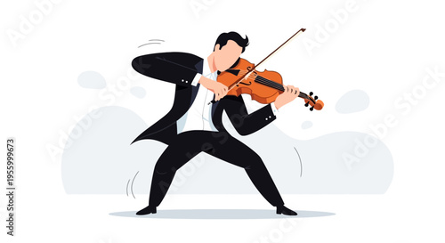 Modern vector illustration of man playing violin in dynamic performance pose, elegant classical musician scene isolated on light background