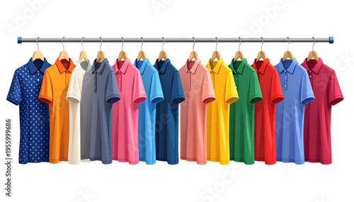 A colorful array of shirts hanging on a rack on transparent background