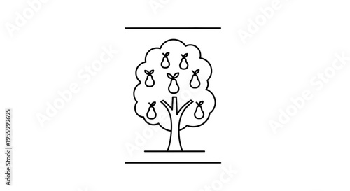 Pear Tree Icon, Simple Line Art Illustration of a Fruit Tree with Pears