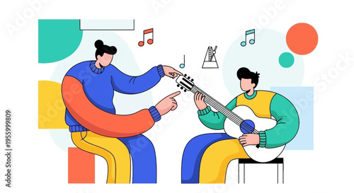 Modern vector illustration of music teacher giving guitar lesson to student, colorful learning scene with acoustic instrument and musical notes