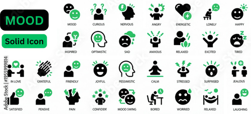 Mood solid icon set vector illustration. Mood icon set. Containing anxious face, brain mood, confused face, energy battery, gratitude journal, happy face, heart mood, meditation seat.