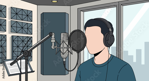 Modern vector illustration of man recording podcast or voiceover in studio with microphone and headphones, professional audio production scene with acoustic panels