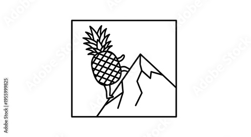 Pineapple climbing mountain peak, surreal concept, healthy food adventure, summer vacation