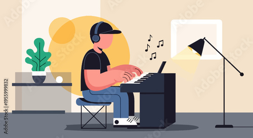 Modern vector illustration of young man playing piano keyboard with headphones at home, music practice scene in cozy interior with lamp and plant