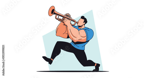 Modern vector illustration of man playing trumpet in energetic pose, brass musician performance scene isolated on light background