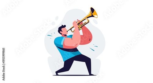 Modern vector illustration of man playing trumpet with energetic pose, brass musician performance scene isolated on light background