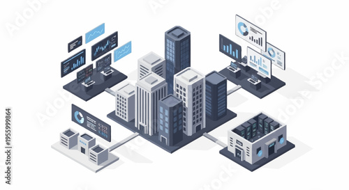 Isometric cityscape with digital technology integration.