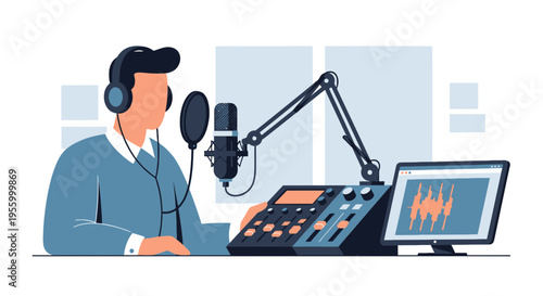 Modern vector illustration of man hosting podcast in studio with microphone, mixer and monitor, professional audio recording and broadcasting workspace