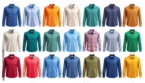 A collection of various colored dress shirts on a transparent background