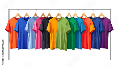 A rack of colorful t-shirts on hangers against a white background on transparent background