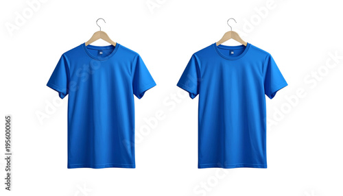 Two blue t-shirts hanging on wooden hangers on transparent background