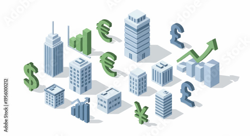 Financial district with currency symbols and skyscrapers.