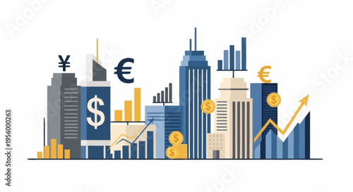 Financial cityscape with currency symbols.