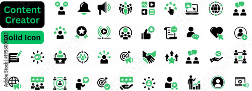 Content Creator solid icon set. content creator icon set featuring video, photo, audio, podcast, live, stream, editing, laptop, camera, analytics, and sponsorship. professional editable solid vector.