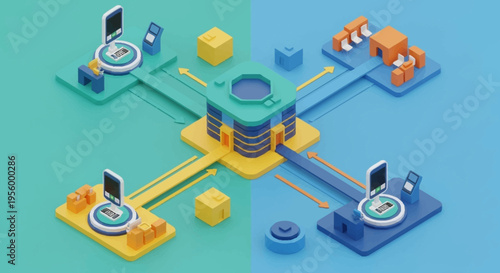 A vibrant isometric illustration of interconnected technology and communication devices.