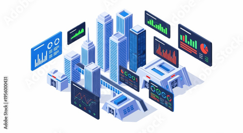 Cityscape with digital screens and graphs.