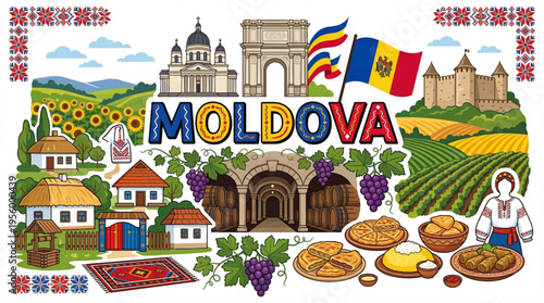 Vibrant Moldova Cultural Elements Vector Illustration with Chișinău, Cricova Wine, and Folk Patterns