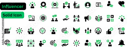 Influencer solid icon set. Influencer Icon Set. Solid, icon set of influencer marketing: follower count, thumbs up, hashtag, profile