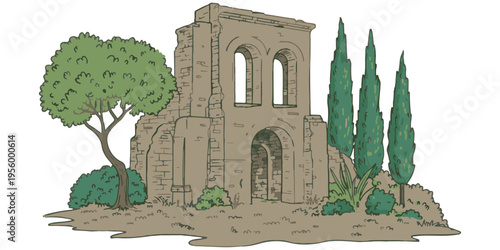 Ancient ruins with cypress trees and lush green foliage outdoors eps 10