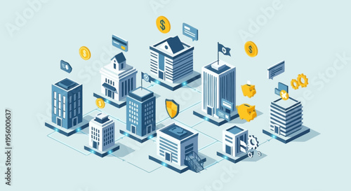 Isometric cityscape with modern buildings.