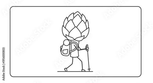 Artichoke Character Hiking with Backpack and Poles