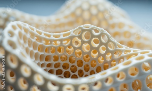 Close up of a white intricate porous biomimetic bone like structure