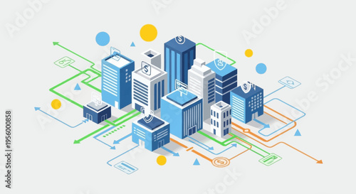 Cityscape with modern buildings and infrastructure.