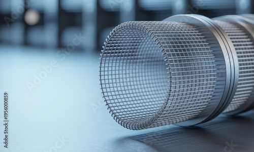 Detailed ro view of a metallic mesh cylinder with industrial ambiance