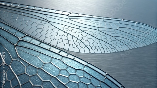 Close up of translucent dragonfly wings with intricate hexagonal geometric patterns and metallic