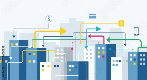 Cityscape with colorful business and finance connections.