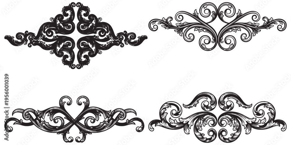 Fototapeta premium Classic baroque floral scroll ornaments set in black color eps 10