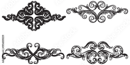 Classic baroque floral scroll ornaments set in black color eps 10