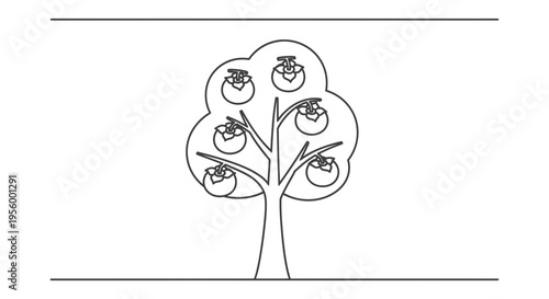 Outline of a persimmon tree with ripe fruits, minimalist drawing, vector art