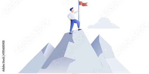 Man standing triumphantly atop a mountain peak with a red flag