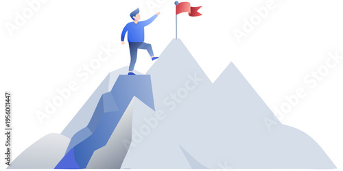 Man triumphantly raising a flag atop a mountain peak illustration