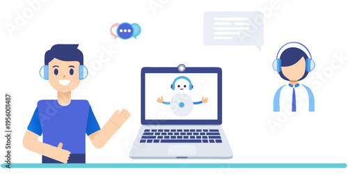 Virtual communication people interacting with an ai chatbot via laptop