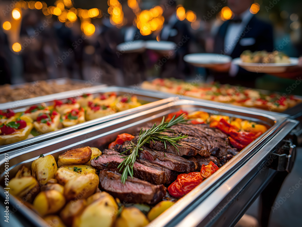Obraz premium Catering Buffet Line with Chafing Dishes – Grilled Beef Steaks, Roasted Root Vegetables, Fresh Rosemary Garnish and Warm Bokeh Lighting at an Outdoor Event or Wedding